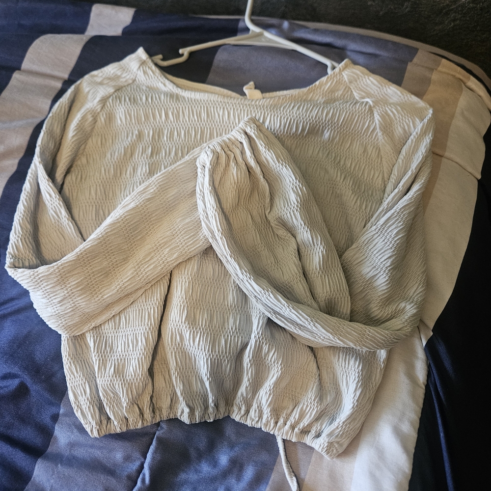 Rewash Cream Smocked Crop Top with Long Sleeves